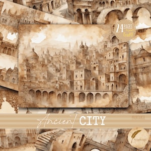May include: Watercolor illustration of an ancient city with arched bridges, buildings, and domes. The image has a sepia tone and the text "Ancient City" is displayed on a banner. The words "24 pages to print & craft" are also visible.