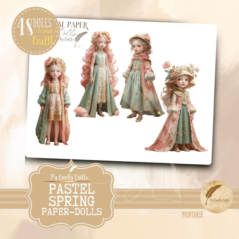 Spring Paper Dolls Pastel Spring Paper Doll Fussy Cuts, Digital Ephemera, Whimsical ...