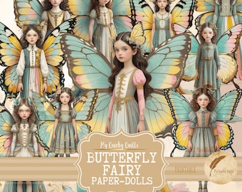 Butterfly Angel Paper Doll Fussy Cuts, Digital Ephemera, Whimsical Printable, Junk Journal Images, Scrapbook Sticker Kit, Collage Sheet