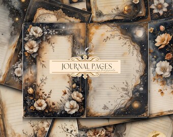 Starry Night Floral Junk Journal Background Printable Paper | Celestial Botanical Printables Star Flower Ephemera | Fantasy Scrapbook Pages