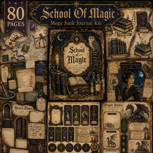 May include: A School of Magic Mega Junk Journal Kit featuring 80 pages of printed ephemera. The collection includes dark blue and gold themed sheets with illustrations of owls, dragons, books, candles, and potion bottles, along with labels and notes.