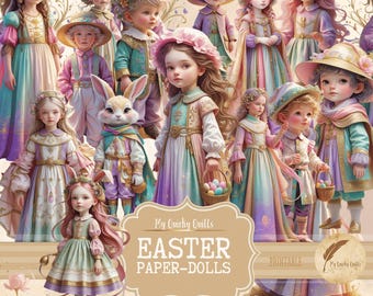 Easter Paper Doll Fussy Cuts, Digital Ephemera, Whimsical Printable, Junk Journal Images, Scrapbook Printable Sticker Kit, Collage Sheet
