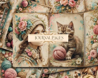 Páginas de diario de tejido / Imprimibles de hilo vintage / Papel digital para álbum de recortes Cozy Cottage Core Craft Ephemera / Kit de diario de costura