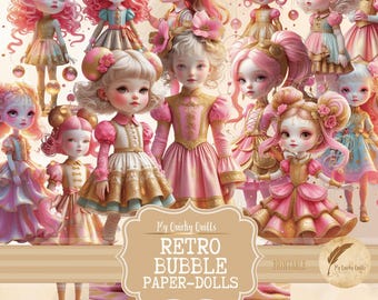 Retro Bubble Paper Doll kieskeurige sneden, digitale kortstondige, grillige afdrukbare, ongewenste tijdschriftafbeeldingen, afdrukbare kit plakboek, collagevellen