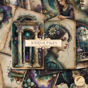 May include: A collection of vintage-style journal pages with a celestial theme. The pages feature illustrations of women, architectural elements, and floral accents in shades of blue, purple, and cream. Text on the pages reads "Journal Pages" and "Cosmic Dreams."