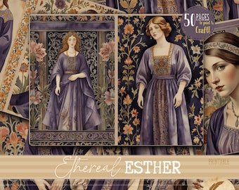 Ethereal Esther Vintage Purple Junk Journal Pages Backgrounds | Printable Lady Portraits & Motifs | Shabby Chic Printable Digital Bundle