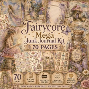 以下が含まれることがあります： 70ページの印刷可能な紙、ステッカー、エフェメラを含むFairycore Megaジャンクジャーナルキット。妖精、キノコ、ラベンダー、Fairy Dustとラベル付けされたガラス瓶のイラストが、柔らかな紫色のパレットで描かれています。