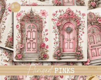 Rosa blommiga älvdörr-skräpjournal-bakgrunder | Vintage viktoriansk shabby chic, cottagecore, förtrollad trädgårds-ephemera scrapbooking