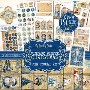 Vintage Winter Christmas Junk Journal Kit Blue Scrapbooking | Christmas Digital Junk Journal Pages, Envelopes, Pockets, Tags, Ephemera