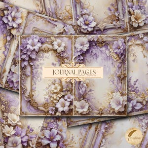 Lilac Floral Border Junk Journal Pages, Vintage Botanical Decorative Printable Paper, Purple Pastel Backgrounds Digital Ephemera Journaling