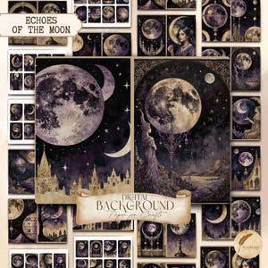 Peut inclure: Ensemble de papiers de fond numériques avec des illustrations célestes et fantastiques. Les images présentent des lunes, des étoiles et des personnages dans des tons violets, gris et dorés. Le texte "Echoes of the Moon" et "Digital Background Paper for Crafts" est visible.