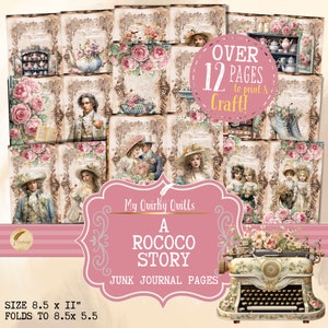May include: A set of 12 printable junk journal pages featuring a rococo theme. The pages include images of people in period clothing, flowers, and vintage objects. The pages are 8.5 inches by 11 inches and fold to 8.5 inches by 5.5 inches.
