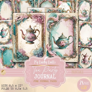 May include: Printable junk journal pages featuring a tea party theme. The pages are 8.5 inches by 11 inches and fold to 8.5 inches by 5.5 inches. The pages feature a vintage aesthetic with ornate frames, floral designs, and teapots.