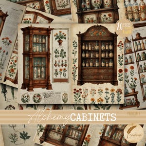 Vintage Alchemy Cabinets Junk Journal Pages | Printable Ephemera Kit with Potions, botanical & Mystical Curios | Apothecary Digital Download