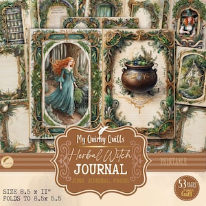 Op de afbeelding: Printbare journalpagina's met een grillige heks in een bos, een ketel met kruiden en een huisje. De pagina's zijn ontworpen voor junk journaling en zijn 8,5 inch bij 11 inch, vouwend tot 8,5 inch bij 5,5 inch. De titel "My Quirky Quills Herbal Witch Journal" staat op de pagina.