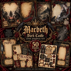 Puede incluir: Un kit de diario creativo Macbeth Dark Castle con 50 páginas de papelería imprimible. La colección incluye ilustraciones góticas de brujas, castillos, coronas y cuervos, con elementos de texto como Prophecy, Treason y Ambition en rojo y oro.