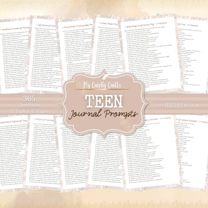Peut inclure: Un journal imprimable pour adolescents avec 365 questions. La couverture affiche "My Quirky Quills TEEN Journal Prompts" dans un cadre décoratif. Le journal mesure 21,6 x 27,9 cm et comprend 12 sujets sur 12 pages.