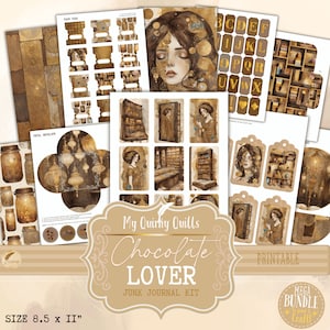 May include: Printable junk journal kit with a chocolate lover theme. The kit includes a variety of paper elements, including pages, tags, and envelopes. The kit also includes a variety of embellishments, including a girl with closed eyes, jars, and a book. The kit is 8.5 inches by 11 inches.