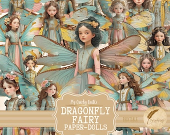 Dragonfly Fairy Paper Doll Art Fussy Cuts, Digital Ephemera, Whimsical Printable, Junk Journal Images, Scrapbooking Craft Kit Collage Sheet