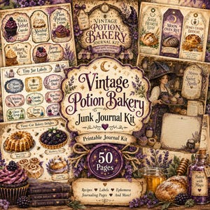 Peut inclure: Un kit de journal créatif Vintage Potion Bakery comprenant 50 pages d'éphémères, d'étiquettes et de recettes à imprimer. La collection présente des illustrations de cupcakes, tartes et pains, ornées de lavande, d'abeilles et de potions.