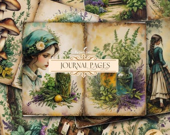 Páginas de diario basura de brujas de hierbas / Imprimibles de brujas botánicas / Efímeras de brujas verdes / Papel digital mágico para álbumes de recortes / Manualidades de diario de brujas