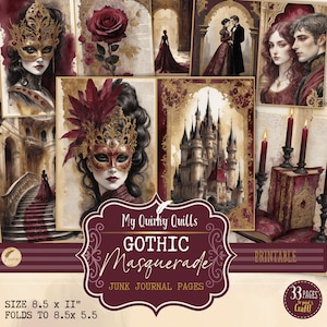 Gothic Masquerade Digital Junk Journal Pages, Dark Romantic Scrapbooking Storybook Collage Printable Paper, Materiały rzemieślnicze, Pobieranie cyfrowe