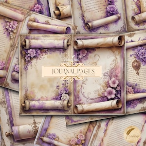 以下が含まれることがあります： ヴィンテージスタイルのジャーナルページコレクション。花柄とスクロールのデザインが特徴です。ページはクリーム色の背景に紫とピンクの花柄のアクセント、巻物風の要素が施されています。「JOURNAL PAGES」の文字が見えます。