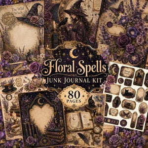 May include: A Floral Spells Junk Journal Kit featuring 80 pages of decorative paper with purple floral motifs, witchy illustrations, celestial symbols, and vintage-style frames. The collection includes various tags and labels with black cats.