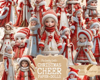 May include: A collection of Christmas paper dolls. The dolls are dressed in red and white winter outfits with fur trim and Santa hats. The image includes the text "Christmas Cheer Paper-Dolls".
