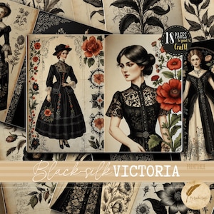 Black Victorian Gothic Junk Journal Page Backgrounds | Scrapbooking Collage Sheet | Printable mixed media Craft paper | Instant Download