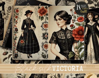 Black Victorian Gothic Junk Journal Page Backgrounds | Scrapbooking Collage Sheet | Printable mixed media Craft paper | Instant Download