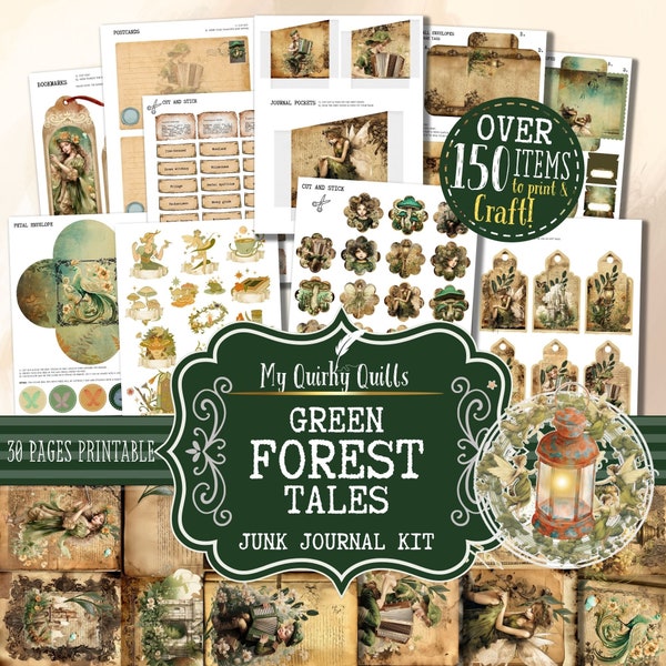 Green Junk Journal Kit | Nature Junk Journal Scrapbooking Printable | Enchanted Sepia Forest Fairy Junk Journal Craft Activity for Creatives