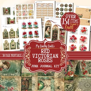 Rote Rosen Junk Journal Kit Printable Digital | Taschen Umschläge Ephemera Tags Journal Seiten | Floral Scrapbooking Kit Postkarten