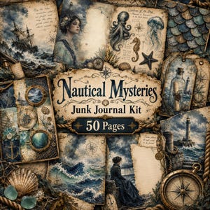 Op de afbeelding: Een Nautical Mysteries junk journal kit met 50 pagina's aan nautische afbeeldingen in vintage-stijl, inclusief illustraties van schepen, vuurtorens, zeedieren, kompassen en oceaangolven, met verouderde papiertexturen en decoratieve maritieme elementen.