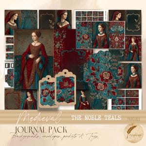 Kit per scrapbooking medievale color verde acqua bordeaux stampabile / Effimere, etichette, buste e carte ispirate al ricamo / Kit per diario spazzatura, carta decorativa