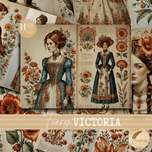 May include: A collection of vintage-style printable pages featuring illustrations of women in Victorian-era dresses, adorned with floral accents. The pages include the text "14 Pages to Craft" and "Fiery Victoria". The color palette includes shades of blue, orange, and cream.