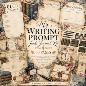 May include: A printable junk journal kit titled My Writing Prompt Junk Journal Kit with 50 pages. The collection features vintage-style stationery, plot planners, character sketches, writing prompts, and decorative elements like ink bottles, pens, and keys.