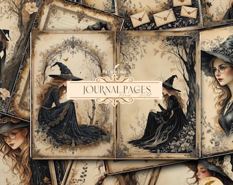 Printable Black Witch Junk Journal Pages | Gothic Witchcraft Ephemera | Dark Vintage Collage Sheets for Scrapbooking Crafts | Witchy Journal