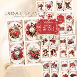 Vintage viktorianische rote Rosen Junk Journal Printable | Romantische Blumen Ephemera Karten | Shabby Chic Rosen Collage Scrapbooking & Journaling