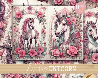 Unicorn Junk Journal Pages Printable | Scrapbooking Collage Art | Pink Purple Floral Magical Unicorn Decorative Scrapbook Ephemera Paper