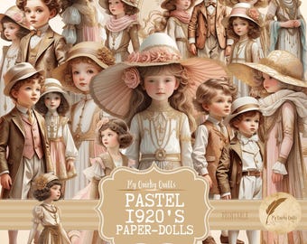 May include: Printable paper dolls in pastel colors, dressed in 1920s clothing. The dolls are boys and girls with various hairstyles and accessories. The image includes the text "Pastel 1920's Paper-Dolls" and "My Quirky Quills".
