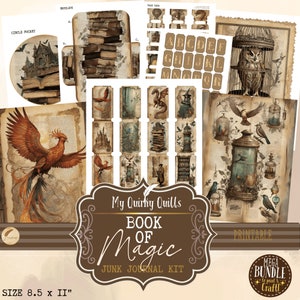 Book of Magic Junk Journal Kit | Scrapbooking Ephemera Mega Bundle | Ancient Magical Collage Pages | Printable Fantasy Owl, Black Cat, Witch