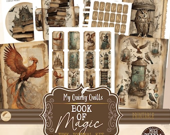 Book of Magic Junk Journal Kit | Scrapbooking Ephemera Mega Bundle | Ancient Magical Collage Pages | Printable Fantasy Owl, Black Cat, Witch