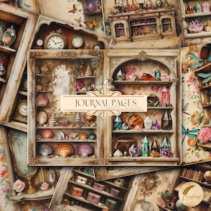 Può includere: Un collage di pagine di diario in stile vintage con armadietti pieni di conchiglie, cristalli e curiosità. Il testo "JOURNAL PAGES Cabinet of Curiosities" è visualizzato su uno striscione. La tavolozza dei colori comprende marroni tenui, creme e accenti floreali.