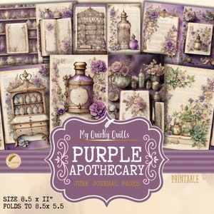 May include: Printable junk journal pages featuring a purple apothecary theme. The pages include images of bottles, flowers, and antique books. The pages are 8.5 inches by 11 inches and fold to 8.5 inches by 5.5 inches.