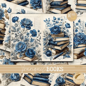 Blue Botanical Winter Cottagecore Printable Junk Journal Pages | Vintage Floral Book Ephemera for Scrapbook & Mixed Media Art Lovers