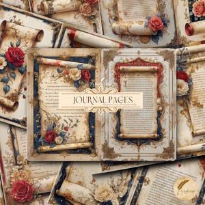 Peut inclure: Plusieurs pages de journal de style vintage avec des motifs floraux et des parchemins. Les pages présentent des bordures ornées, des roses rouges et crème, et le texte "JOURNAL PAGES". La palette de couleurs est crème, or et bleu marine.