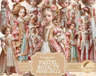 May include: Printable paper dolls of children dressed in pastel colours with intricate details. The dolls are wearing dresses, suits, and accessories. The image includes the text "My Quirky Quills Pastel Royalty Paper-Dolls Printable".