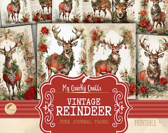 Christmas Reindeer Junk Journal Decorative Craft Paper Scrapbooking | Ephemera Collage Sheets Fussy Cuts Card Making Digital Illustrations