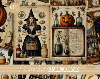 Haunted Grimoire Junk Journal Pages | Vintage Witch Printable Kit | Spooky Ephemera for Halloween, Magic Spellbooks, & Journaling